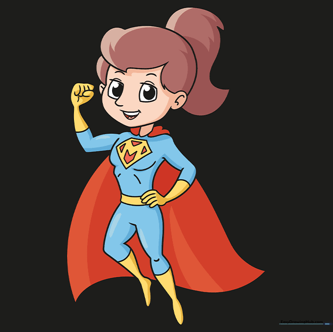 Fully colored Super Mom character with red, blue, and yellow superhero outfit.