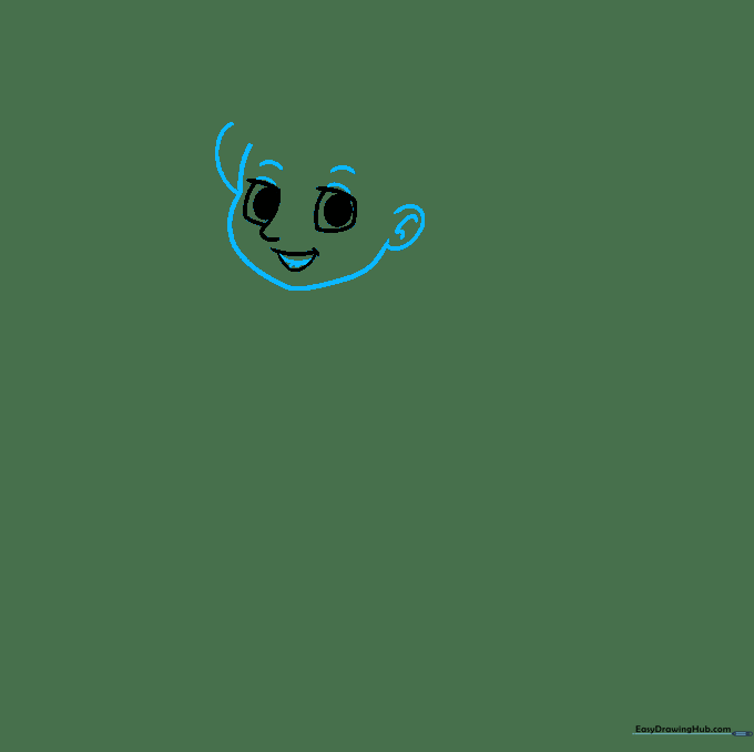 Drawing the outline of the face, jaw, ears, and hair strands for a cartoon character.
