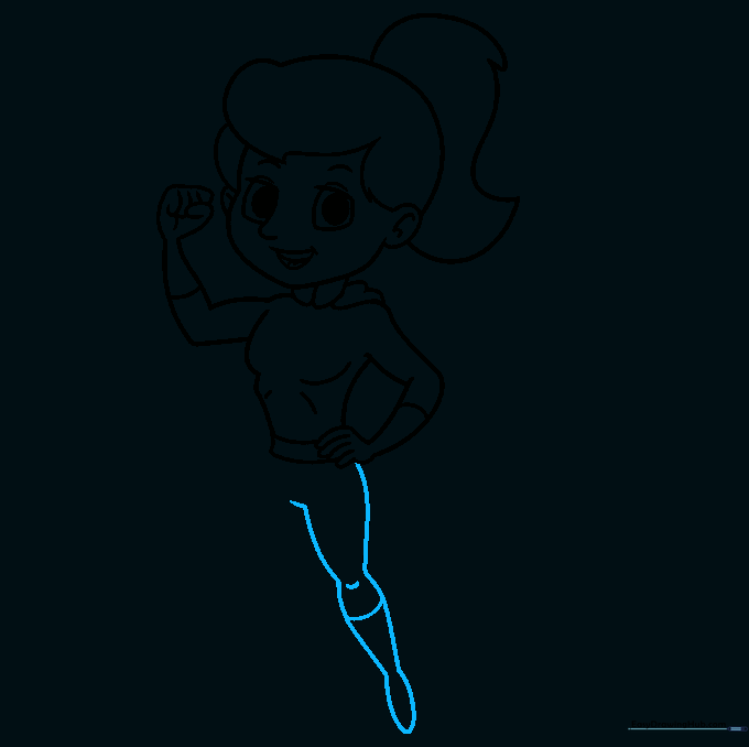 Drawing the first leg and boot of the superhero character.