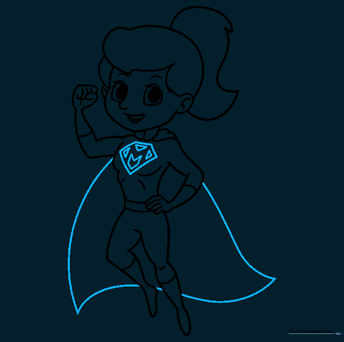Finalizing the drawing by adding a flowing cape and a custom 'M' logo on the chest.