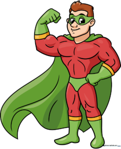 A vibrant, finished illustration of a superhero standing heroically with a cape.