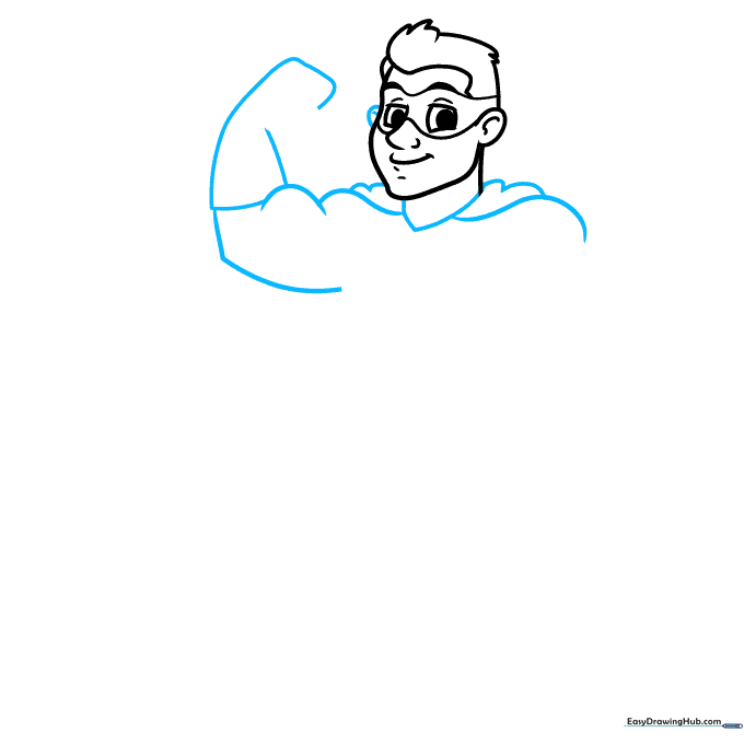 Sketching the neck, shoulders, and the beginning of a cape on the superhero figure.