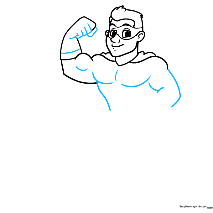 Drawing the chest, torso, and muscular arm of the superhero.