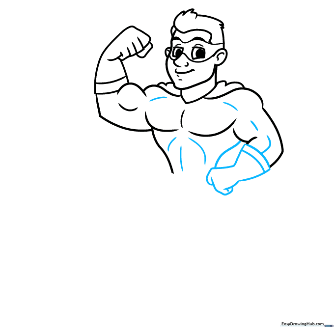 Adding gloves with wrist bands and refining the abdominal muscles on the superhero.