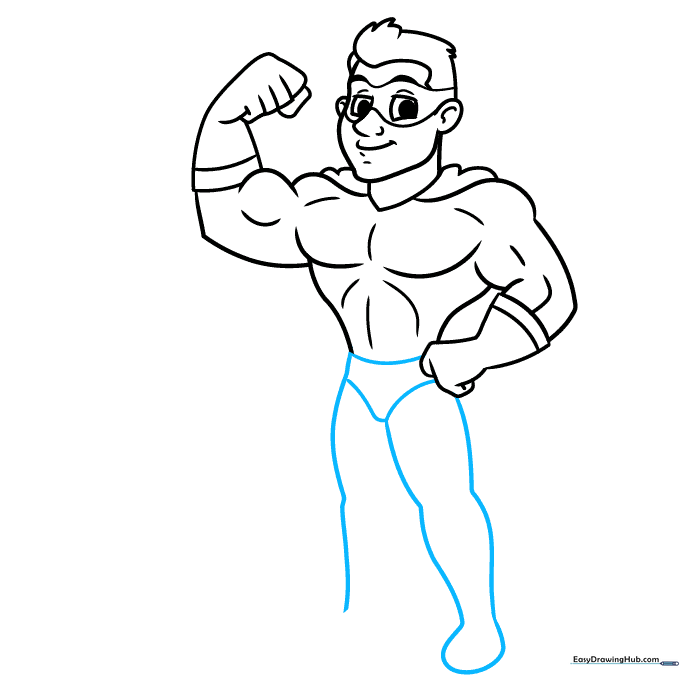 Outlining the legs and the costume briefs of the superhero figure.