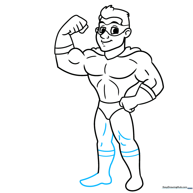 Adding boots and knee muscle definition to the superhero's legs.