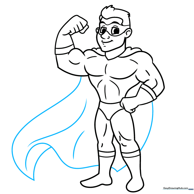 Finalizing the drawing by adding a large, flowing cape behind the superhero.