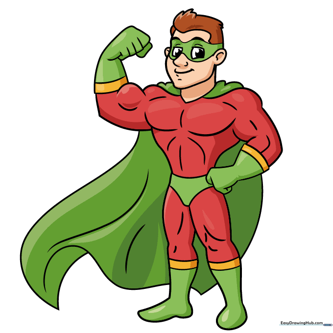A fully colored superhero character with a custom costume and cape.