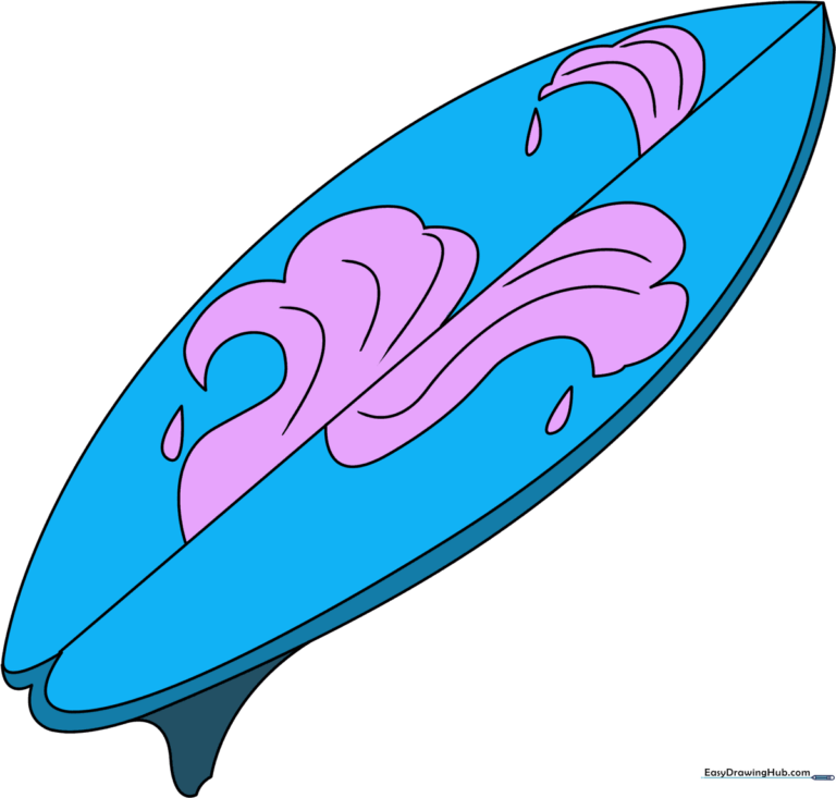A colorful, finished surfboard drawing featuring wave patterns and a fin.