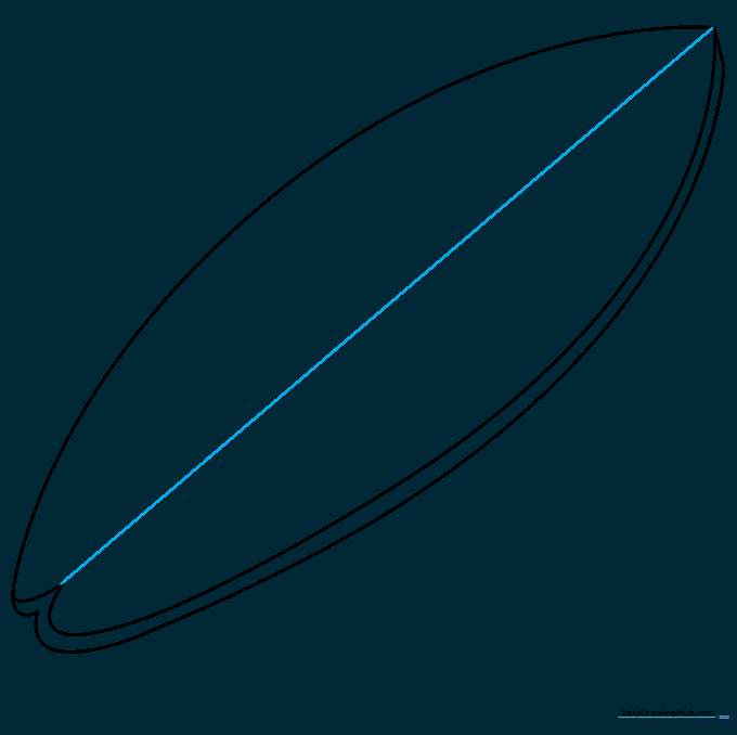 Drawing a straight vertical line down the center of the surfboard to represent the stringer.