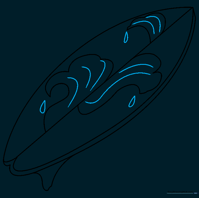 Adding texture lines to waves and drawing small water droplets splashing off the board.
