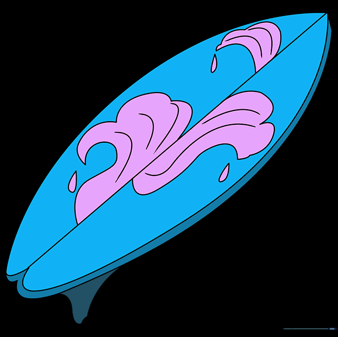 A fully colored, vibrant cartoon surfboard with wave designs.
