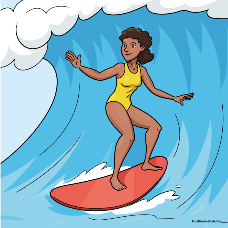 Colorful illustration of a cartoon surfer riding a wave on a surfboard