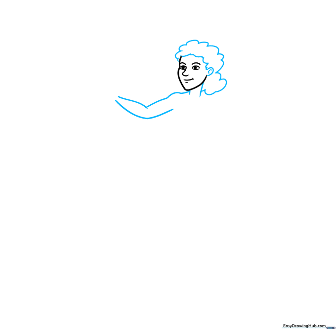 Surfer drawing showing the addition of hair, ear, neck, and shoulder outline