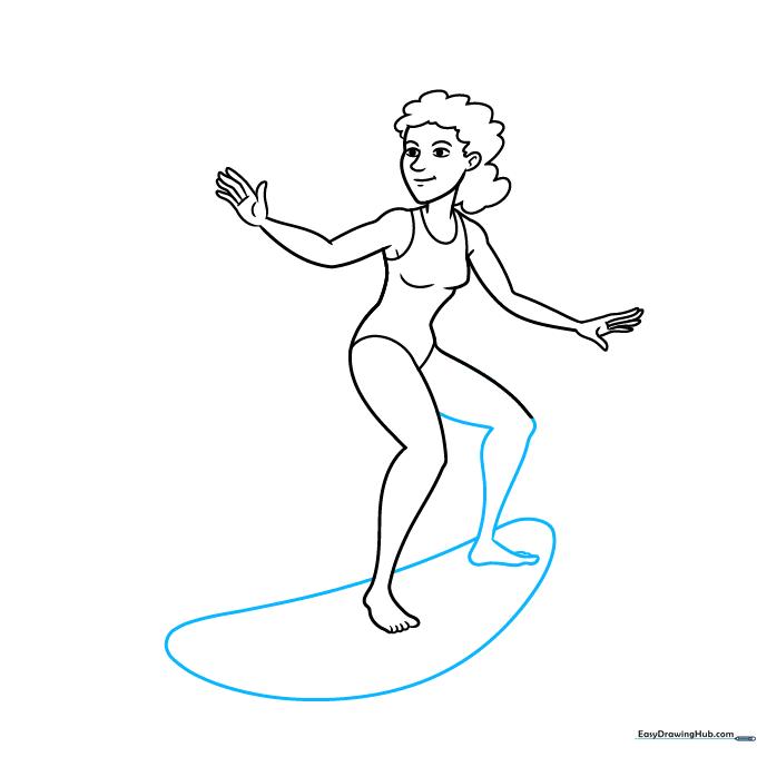 Surfer drawing showing the addition of the surfboard underneath the character