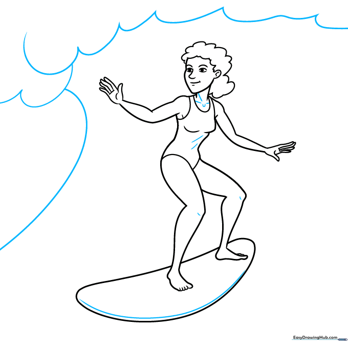 Surfer drawing showing added details to the swimsuit and background waves