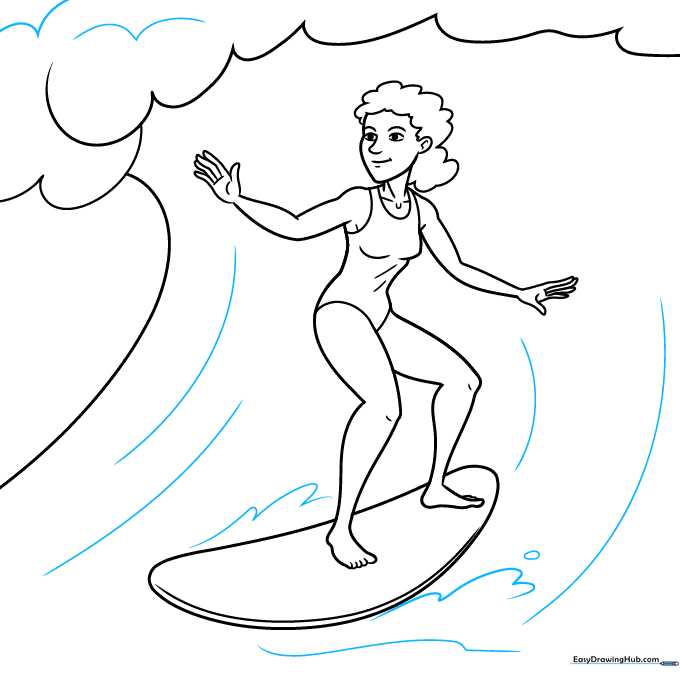 Surfer drawing showing final ink outline and water splash details