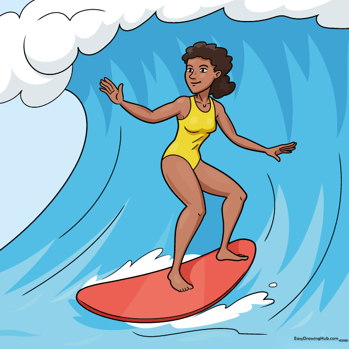 Fully colored surfer drawing with blue waves and bright swimsuit