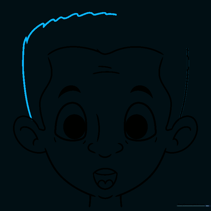 Developing the hair style with curved lines on the cartoon head.