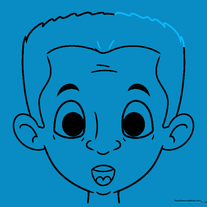 Completed line art of a surprised face with hair fully drawn.