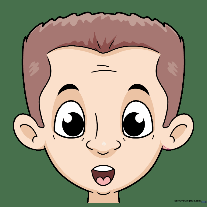 Fully colored cartoon surprised face drawing.