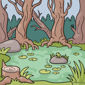 Colorful cartoon swamp landscape featuring a frog on a lily pad.