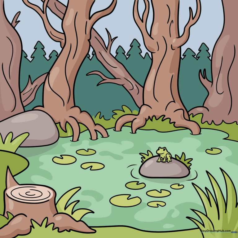 Colorful cartoon swamp landscape featuring a frog on a lily pad.