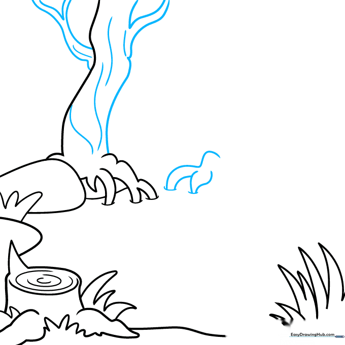 Detailed sketch of tree branches and bark texture lines on the main trunk.