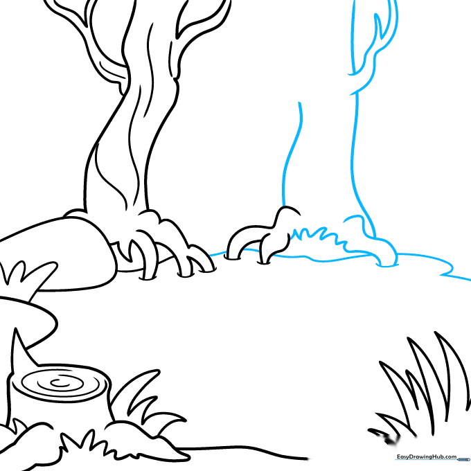 Drawing showing refined tree roots and additional grass loops at the base.