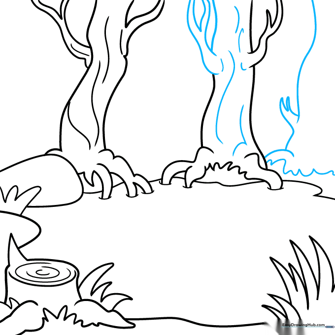 Sketch showing additional branches and layered grass textures.