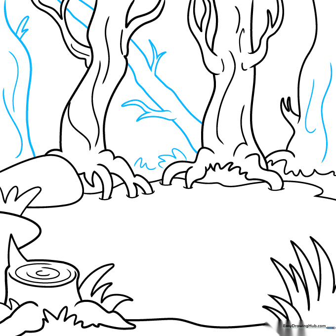 Sketch showing multiple background trees and fluffy grass clusters.