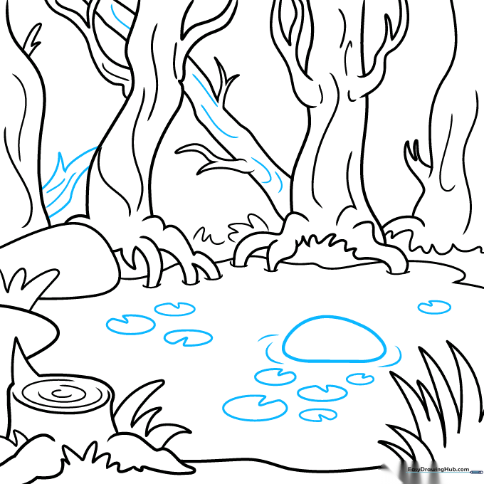 Drawing showing lily pads and water ripples added to the swamp scene.