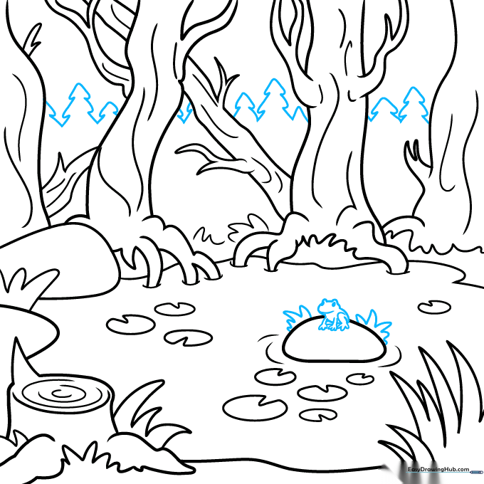Sketch showing a small frog character added to the lily pad.