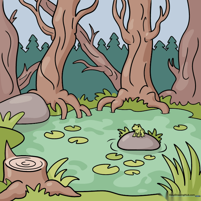 Final colored swamp drawing featuring a frog, trees, and water.
