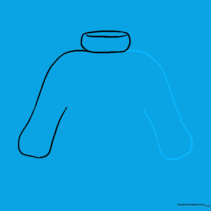 Outline drawing of a sweater neckline with both sleeves extended outward.
