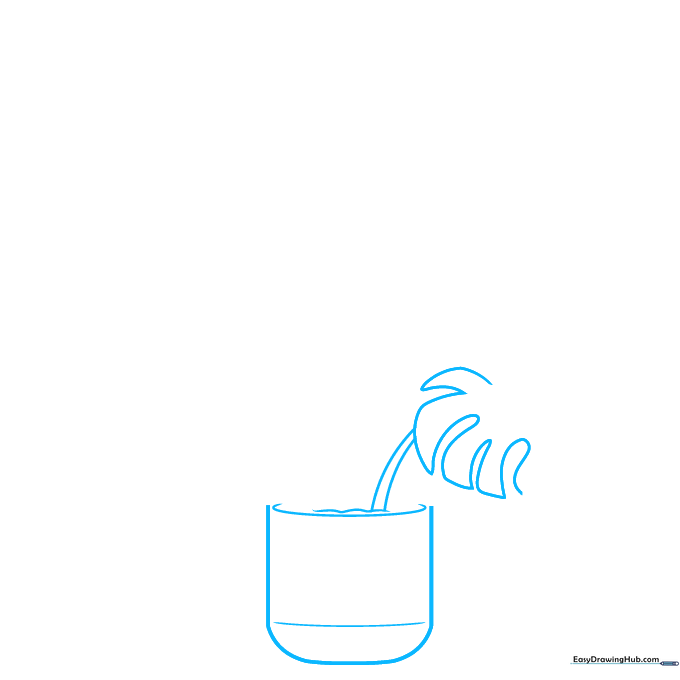 Pencil sketch of a rectangular plant pot with a single lobed leaf emerging from the soil.