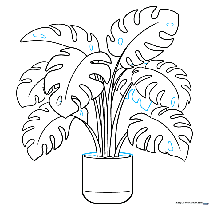 Adding the characteristic holes to the leaves and finalizing the pot rim.