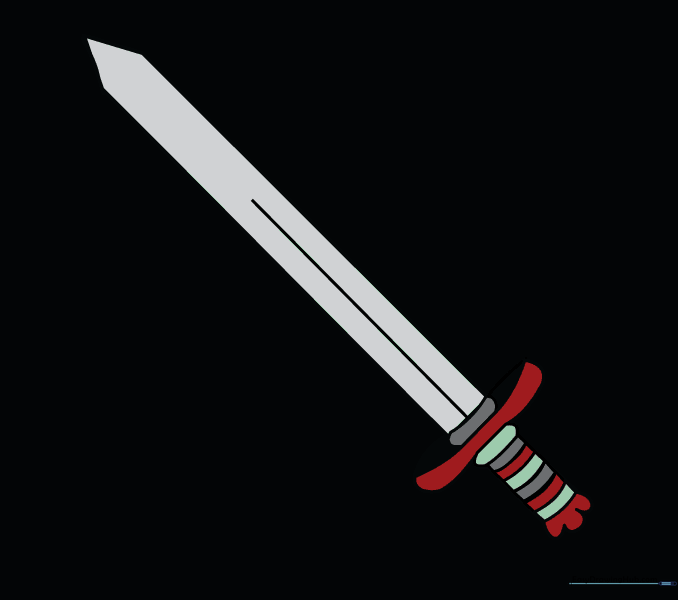The finished sword drawing fully colored with metallic and wooden tones.