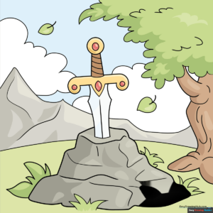 A colorful, finished drawing of a legendary sword embedded in a stone, set against a fantasy landscape.