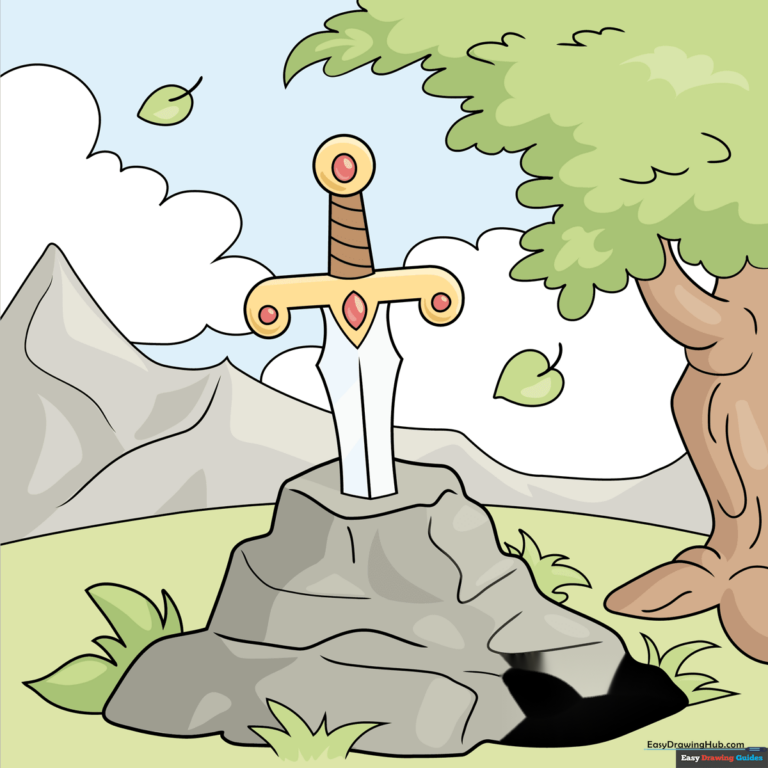 A colorful, finished drawing of a legendary sword embedded in a stone, set against a fantasy landscape.