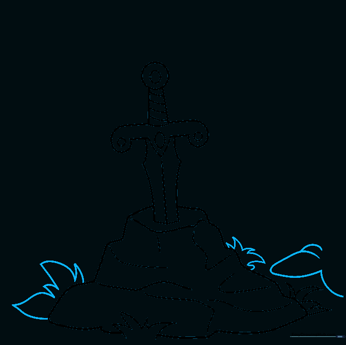 Drawing tree roots spreading out from the base of the sword in stone scene.