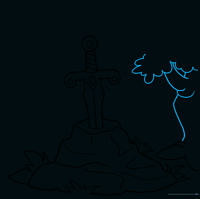 Sketching the gnarled trunk of a tree next to the sword in stone.