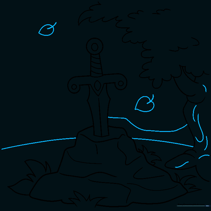 Drawing the horizon line and falling leaves to complete the background scene.