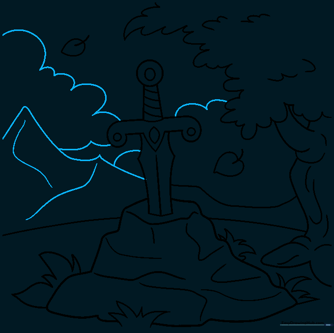 Finalizing the background with distant mountains and fluffy clouds.
