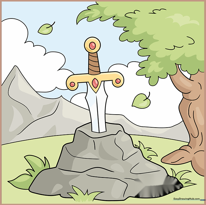 The completed, fully colored illustration of a sword in a stone with a fantasy landscape background.