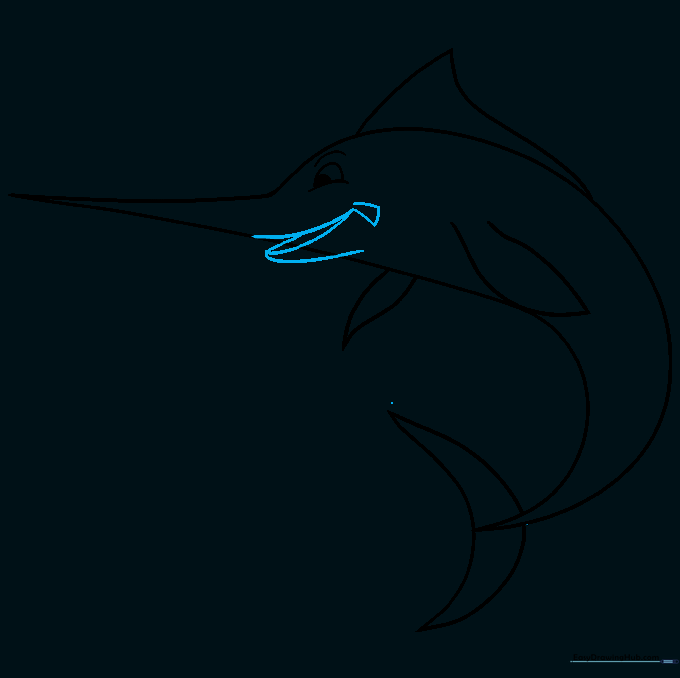 Detailed view of the swordfish head showing an open mouth and jaw structure.