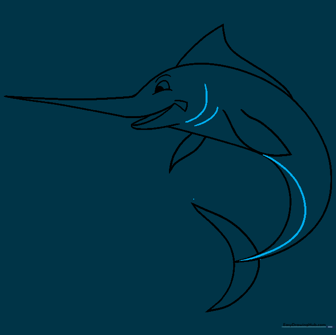 Refined swordfish outline with gill slits and a smooth belly line.