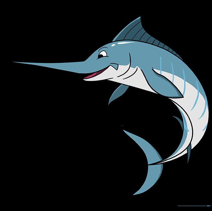 Final colored illustration of a cartoon swordfish with blue and grey tones.