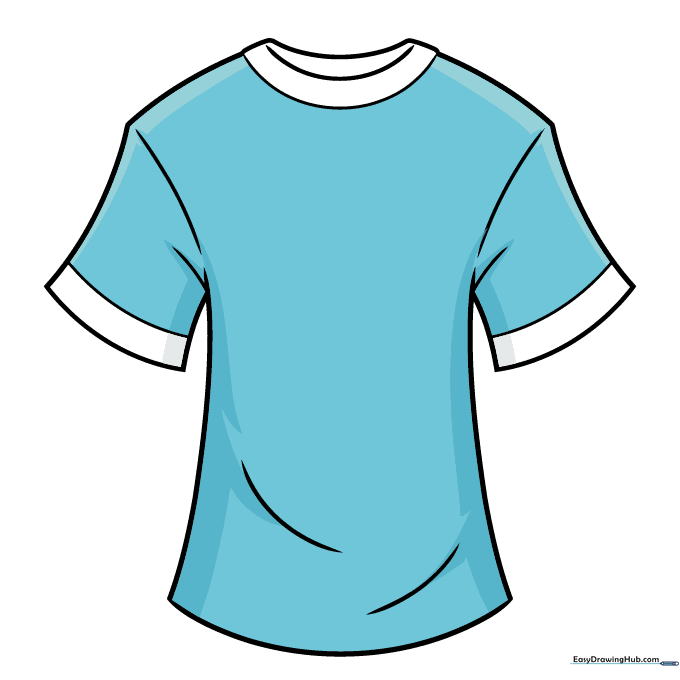 A finished, colored T-shirt drawing with contrasting collar and sleeve cuffs.