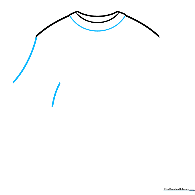 Adding the first sleeve to the T-shirt outline using parallel curved lines.